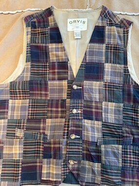 Moving Sale - Orvis - Patchwork Plaid Vest in Navy, Green & Burgundy